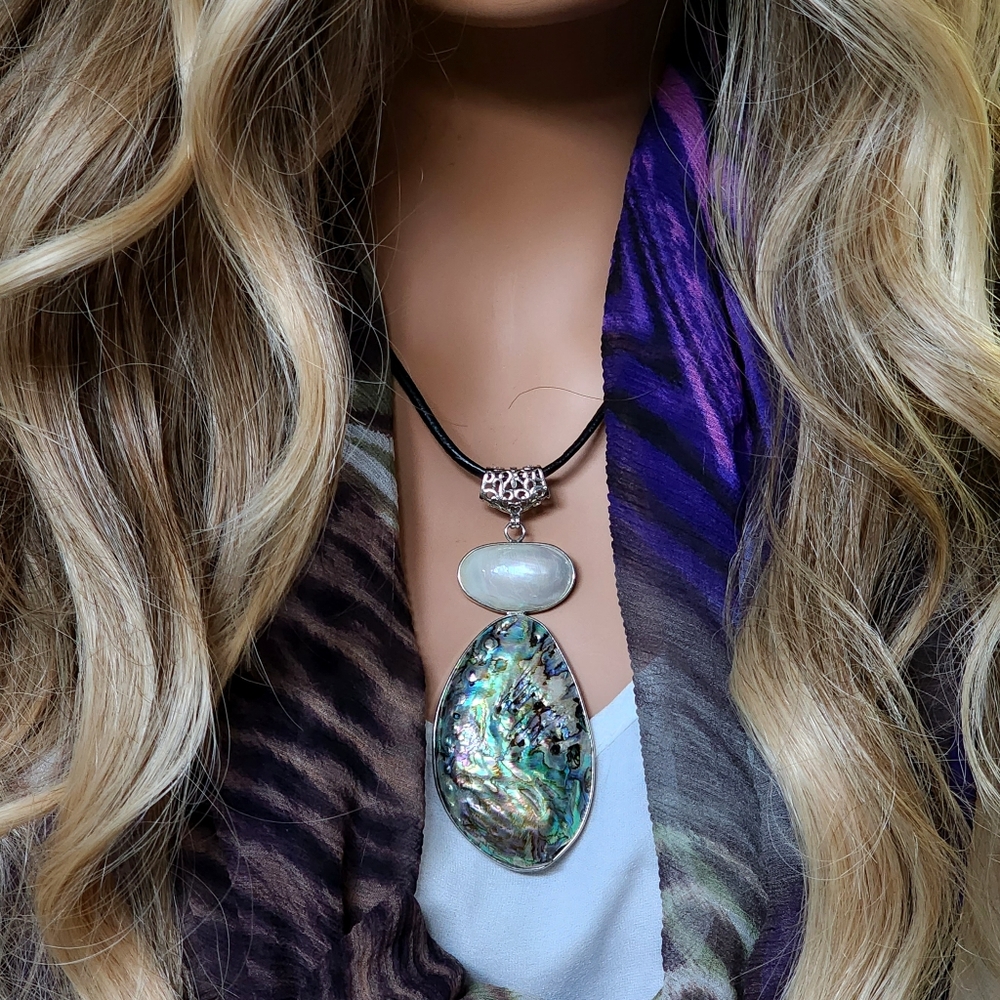 Genuine Black Italian Leather Necklace Mother of Pearl Pendant